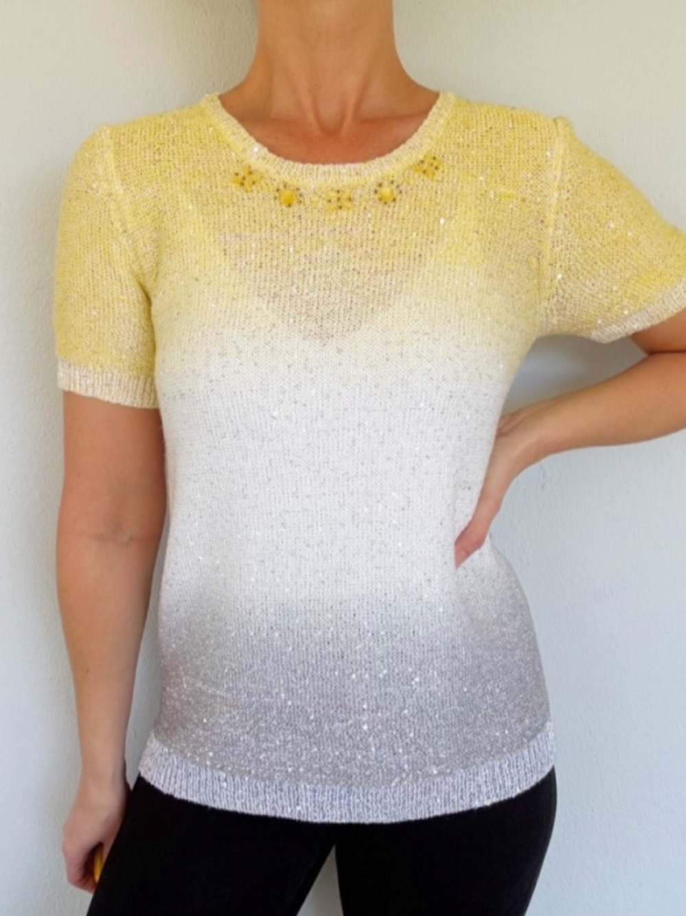 Alfred Dunner Petite yellow gray ombré glitter sequin short sleeve sweater PM - Picture 1 of 8